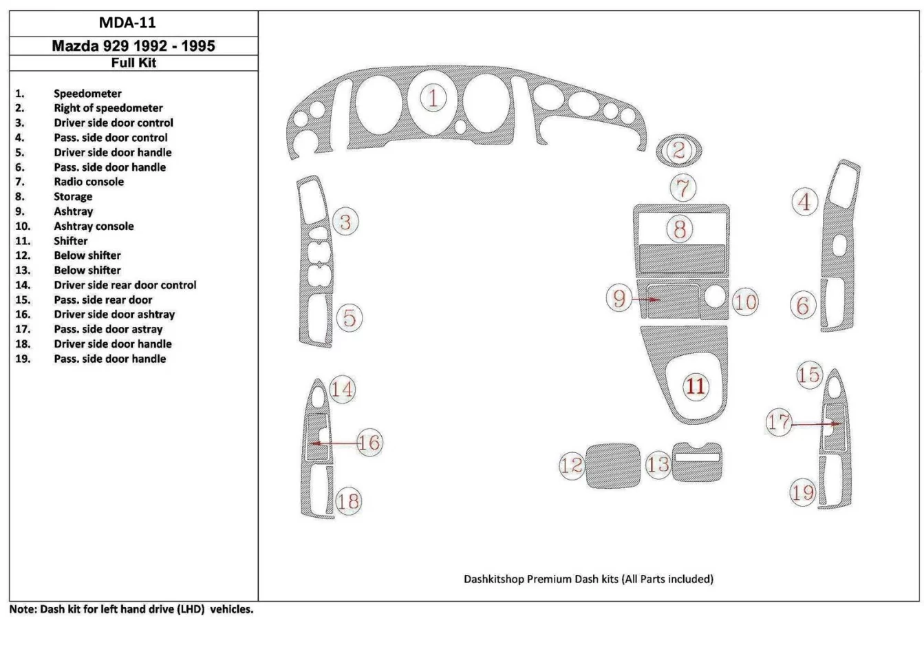 Mazda 929 1992-1995 Full Set, 19 Parts set Interior BD Dash Trim Kit - 1 - Interior Dash Trim Kit