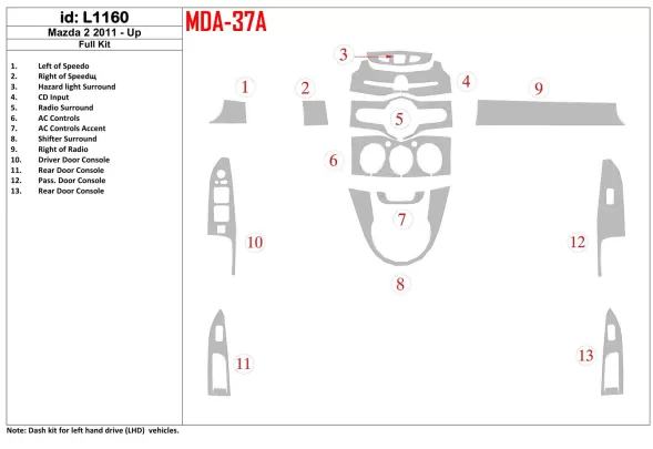 Mazda Mazda 2 2011-UP Kit complet de garnitures de tableau de bord intérieur BD - 1 Mazda Mazda 2 2011-UP Kit complet de garnitures de tableau de bord intérieur BD - 1