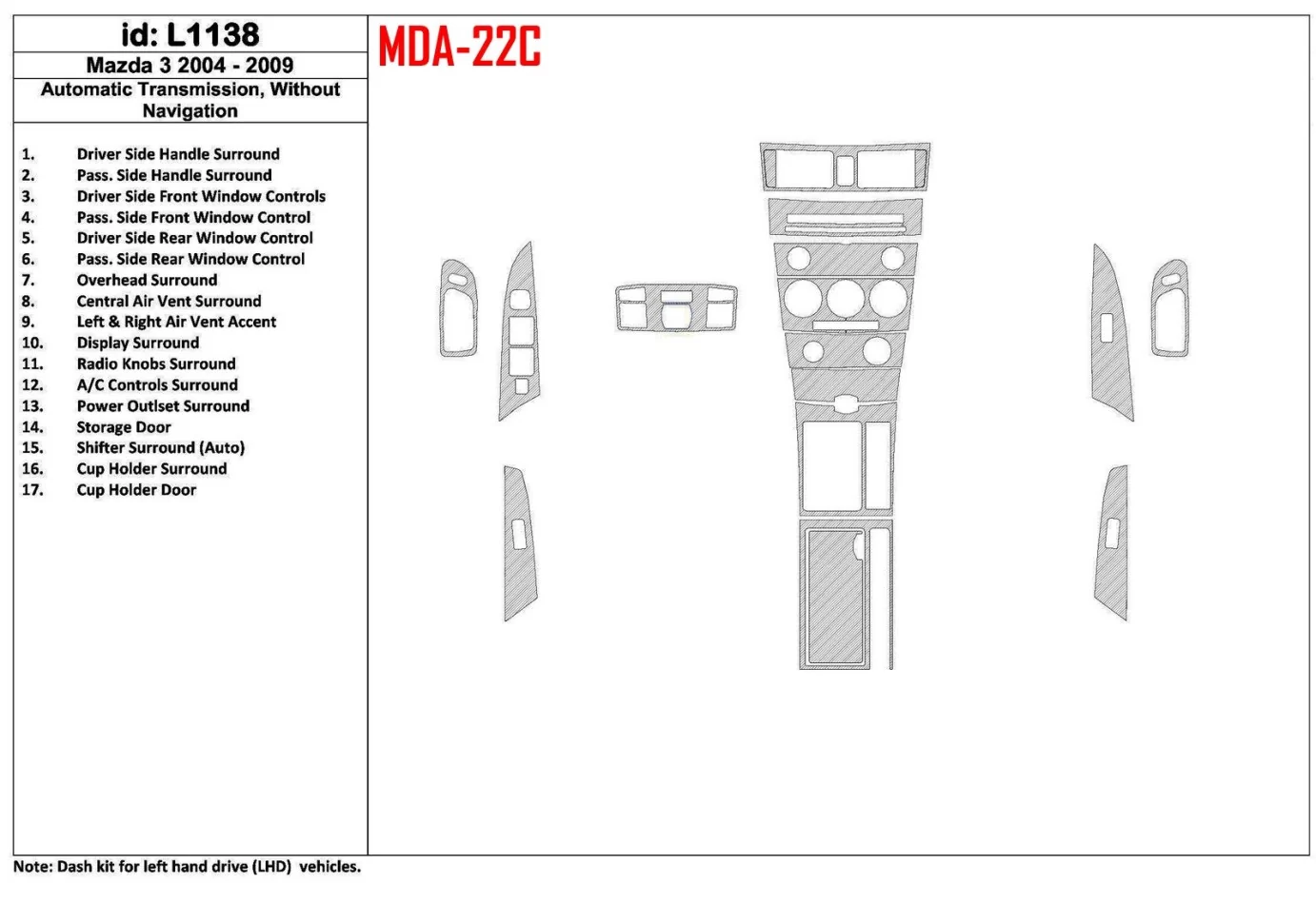 Mazda Mazda3 2004-2009 Automatic Gear, Without NAVI Interior BD Dash Trim Kit - 1 - Interior Dash Trim Kit