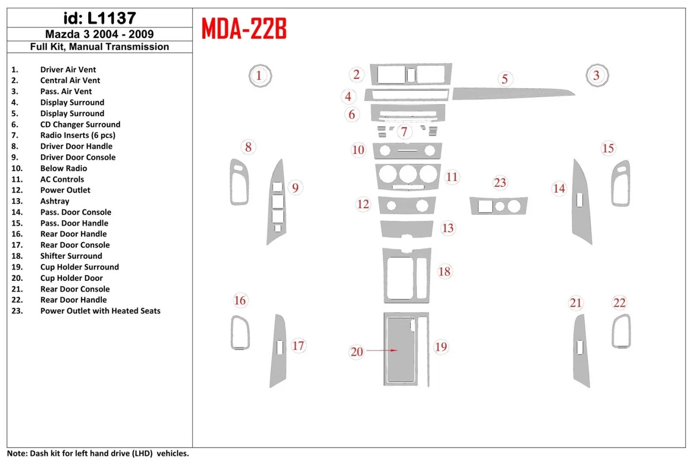 Mazda Mazda3 2004-2009 Manual Gear Box, With NAVI Interior BD Dash Trim Kit - 1 - Interior Dash Trim Kit