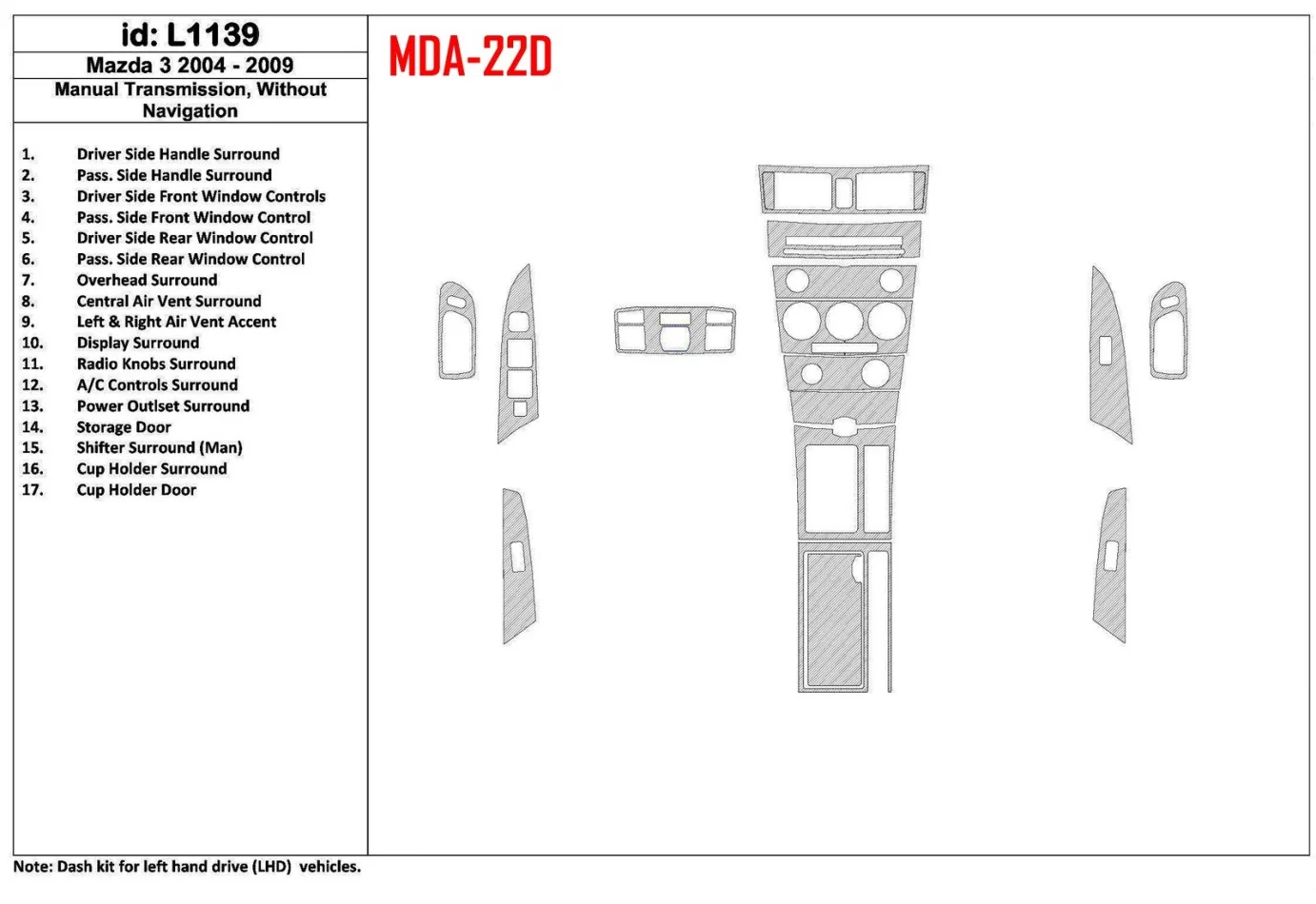 Mazda Mazda3 2004-2009 Manual Gear Box, Without NAVI Interior BD Dash Trim Kit - 1 - Interior Dash Trim Kit
