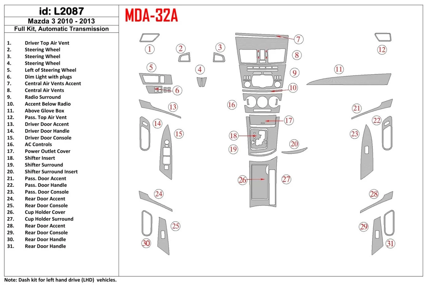 Mazda Mazda3 2010-2013 Ensemble complet, kit de garniture de tableau de bord intérieur BD à engrenage automatique - 1