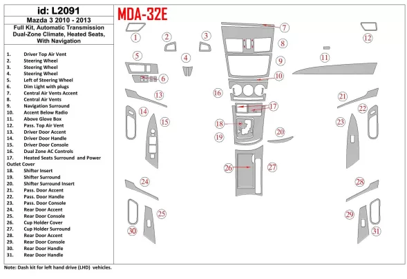 Ensemble complet Mazda Mazda3 2010-2013, boîte de vitesses automatique, climatisation à deux zones, sièges chauffants, avec kit Ensemble complet Mazda Mazda3 2010-2013, boîte de vitesses automatique, climatisation à deux zones, sièges chauffants, avec kit