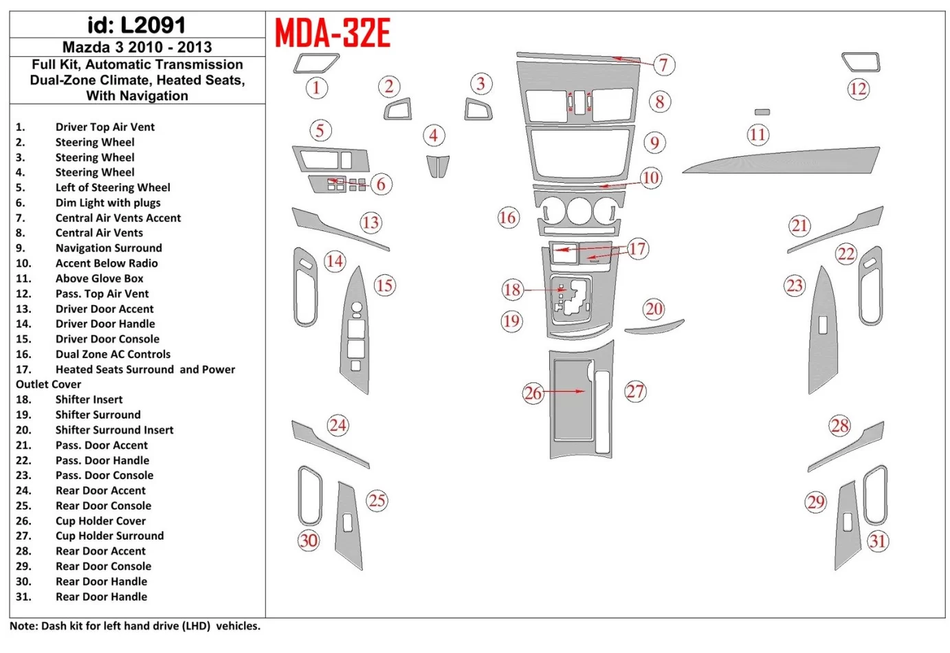 Ensemble complet Mazda Mazda3 2010-2013, boîte de vitesses automatique, climatisation à deux zones, sièges chauffants, avec kit 