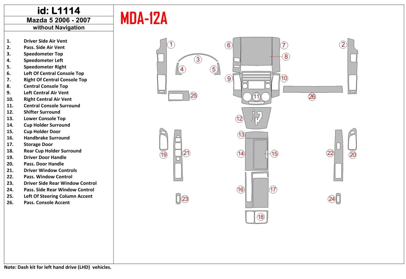 Mazda Mazda5 2006-2007 Without NAVI Interior BD Dash Trim Kit - 1 - Interior Dash Trim Kit