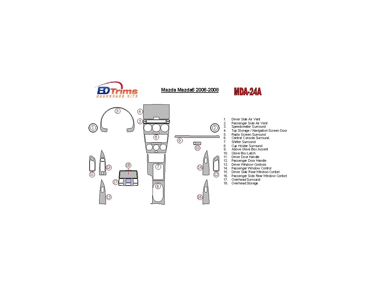 Mazda MAzda6 2006-2008 Without NAVI Interior BD Dash Trim Kit - 1 - Interior Dash Trim Kit