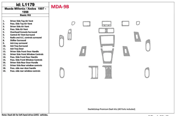 Ensemble de base Mazda Milenia 1997-1998, sans OEM, kit de garniture de tableau de bord intérieur BD de 19 pièces - 1 Ensemble de base Mazda Milenia 1997-1998, sans OEM, kit de garniture de tableau de bord intérieur BD de 19 pièces - 1