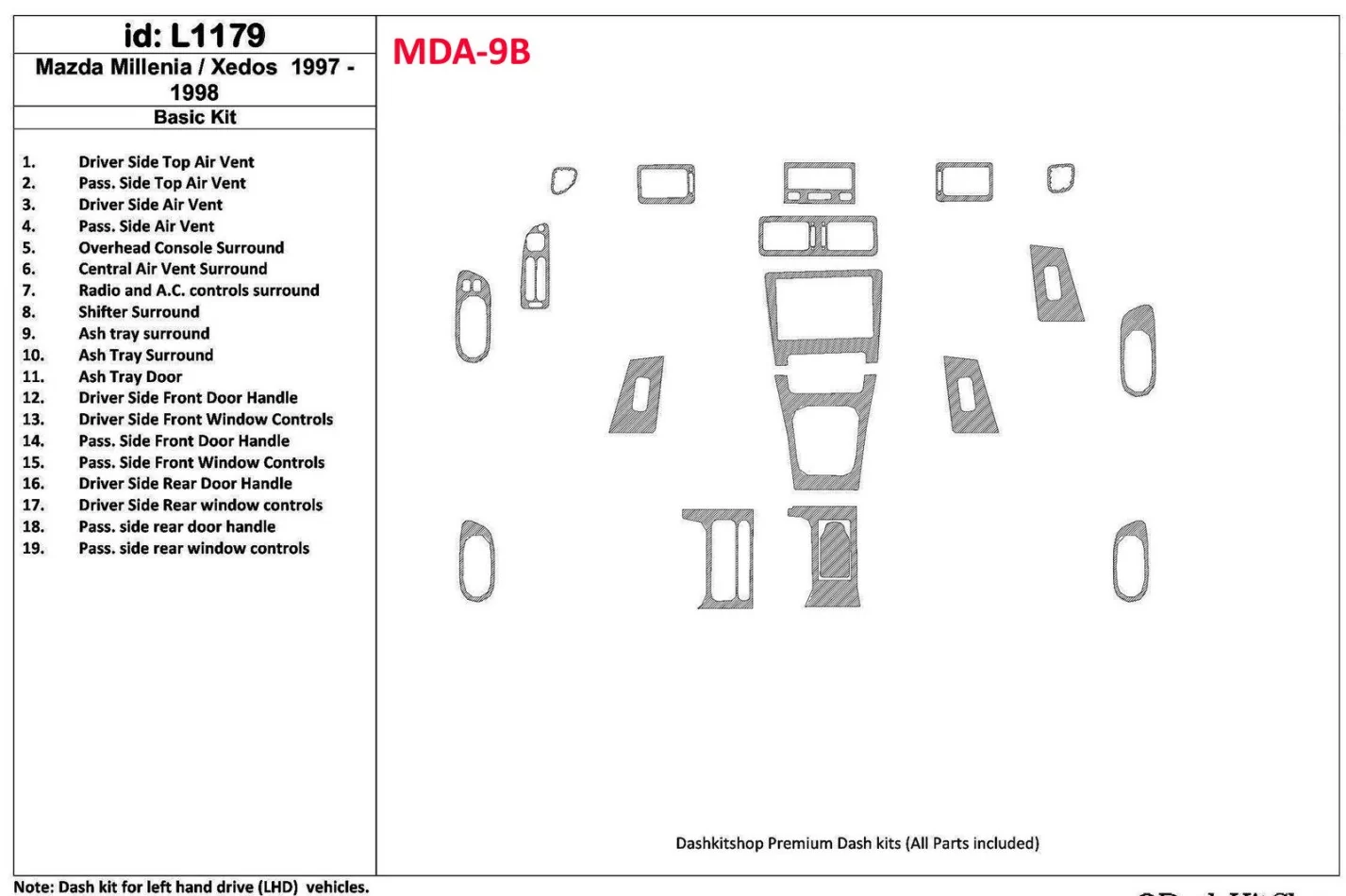 Mazda Milenia 1997-1998 Basic Set, Without OEM, 19 Parts set Interior BD Dash Trim Kit - 1 - Interior Dash Trim Kit