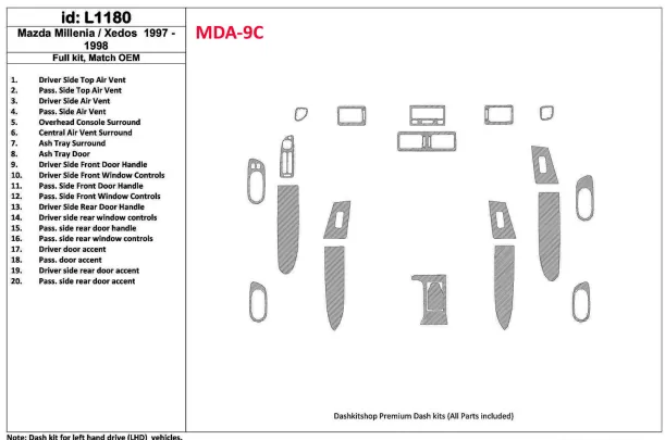 Mazda Milenia 1997-1998 Full Set, OEM Compliance, 20 Parts set Interior BD Dash Trim Kit - 1 - Interior Dash Trim Kit Mazda Milenia 1997-1998 Full Set, OEM Compliance, 20 Parts set Interior BD Dash Trim Kit - 1 - Interior Dash Trim Kit