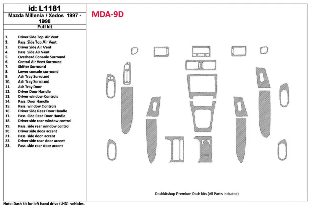 Mazda Milenia 1997-1998 Without Fabric, 23 Parts set Interior BD Dash Trim Kit - 1 - Interior Dash Trim Kit Mazda Milenia 1997-1998 Without Fabric, 23 Parts set Interior BD Dash Trim Kit - 1 - Interior Dash Trim Kit