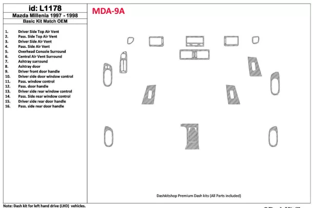 Mazda Milenia 1998-1998 Ensemble complet, conformité OEM, kit de garniture de tableau de bord intérieur BD de 16 pièces - 1 Mazda Milenia 1998-1998 Ensemble complet, conformité OEM, kit de garniture de tableau de bord intérieur BD de 16 pièces - 1