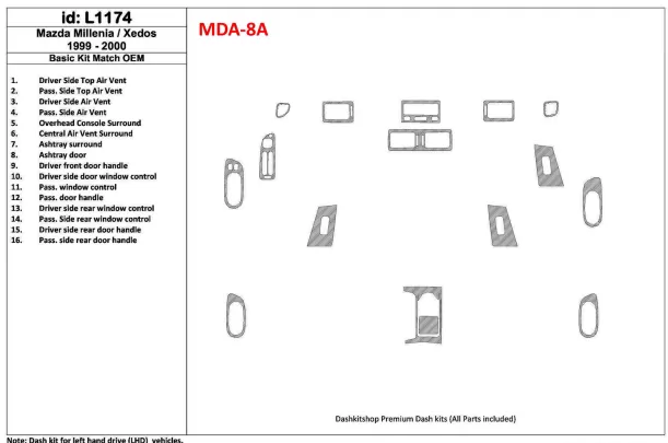 Ensemble de base Mazda Milenia 1999-2000, conformité OEM, kit de garniture de tableau de bord intérieur BD 16 pièces - 1 Ensemble de base Mazda Milenia 1999-2000, conformité OEM, kit de garniture de tableau de bord intérieur BD 16 pièces - 1
