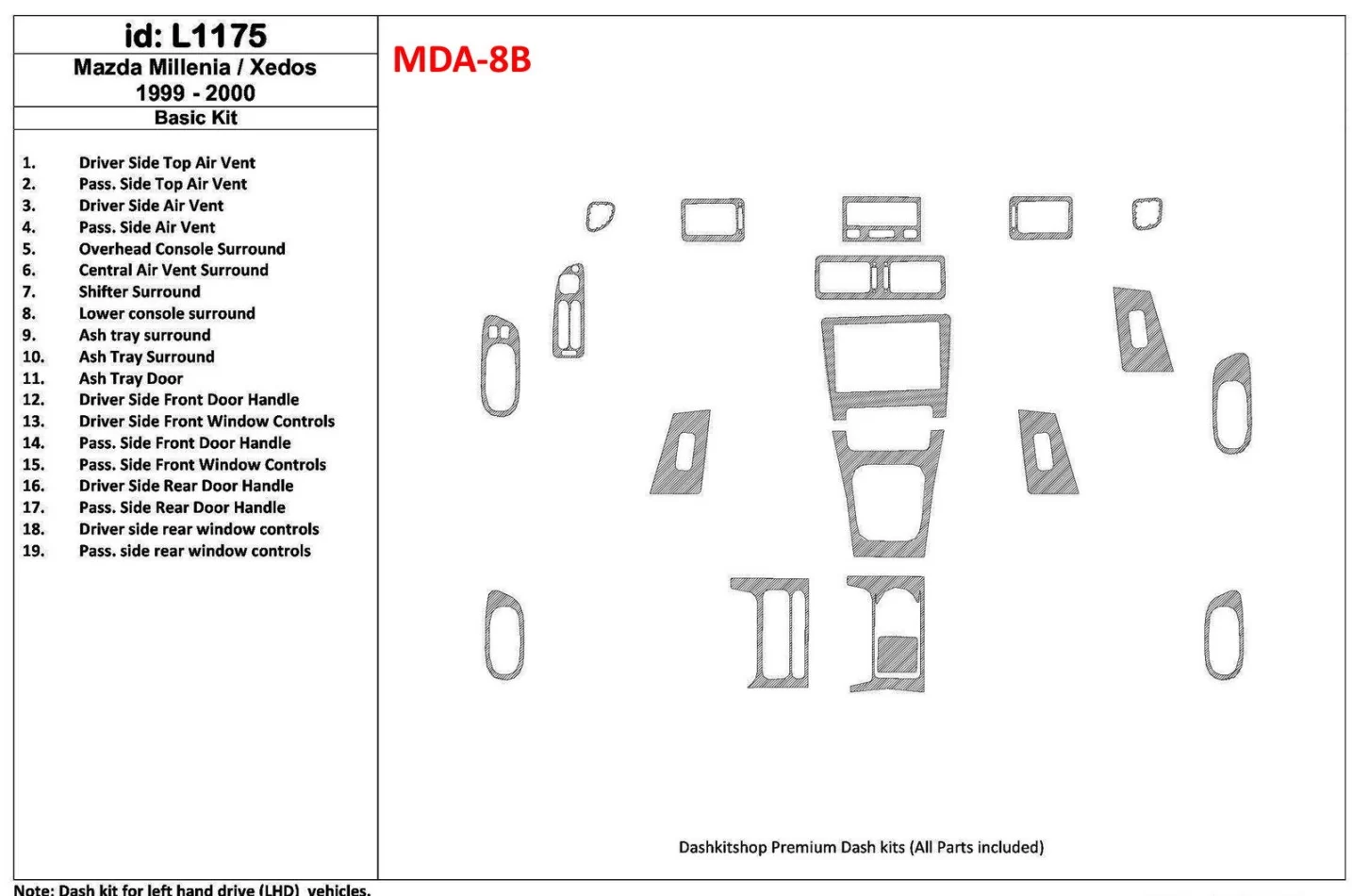 Mazda Milenia 1999-2000 Basic Set, Without OEM, 19 Parts set Interior BD Dash Trim Kit - 1 - Interior Dash Trim Kit