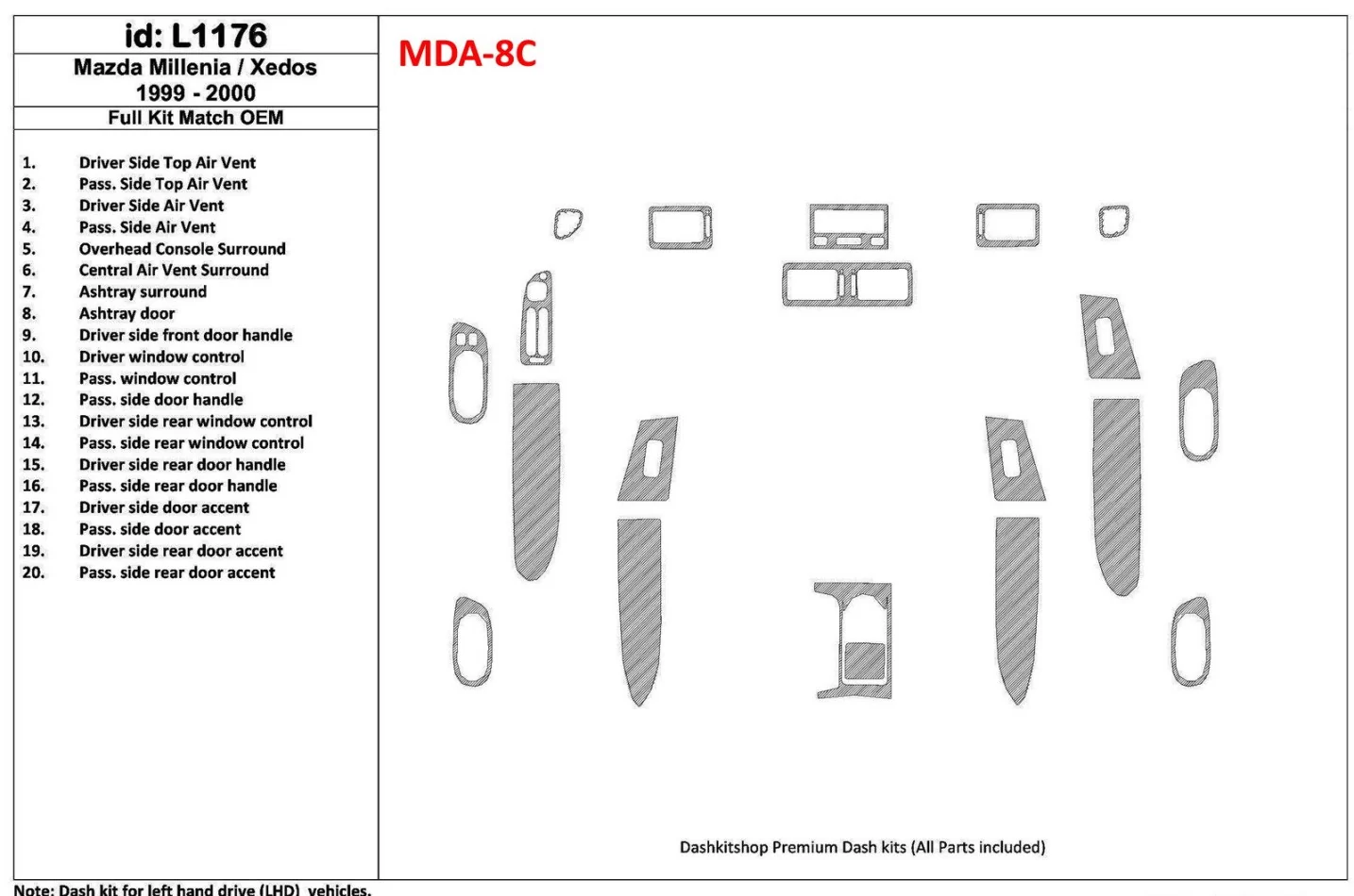 Mazda Milenia 1999-2000 Ensemble complet, conformité OEM, ensemble de 20 pièces Kit de garniture de tableau de bord intérieur BD