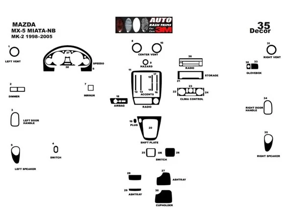 Mazda MX 5 12.00-12.05 Kit de garniture de tableau de bord intérieur 3D Dash Trim Dekor 14-Parts