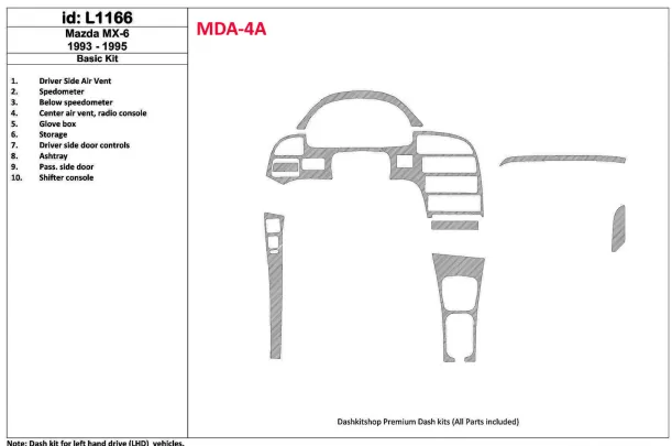 Mazda MX-6 1993-1995 Ensemble complet, ensemble de 11 pièces Kit de garniture de tableau de bord intérieur BD - 1 Mazda MX-6 1993-1995 Ensemble complet, ensemble de 11 pièces Kit de garniture de tableau de bord intérieur BD - 1