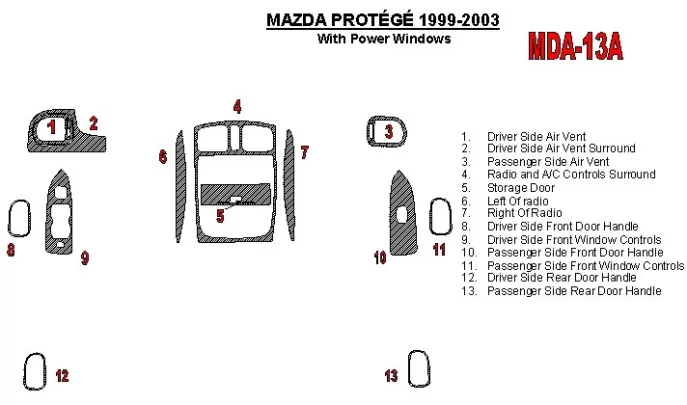 Mazda Protege 1999-UP avec vitres électriques 13 pièces ensemble intérieur BD Dash Trim Kit - 1