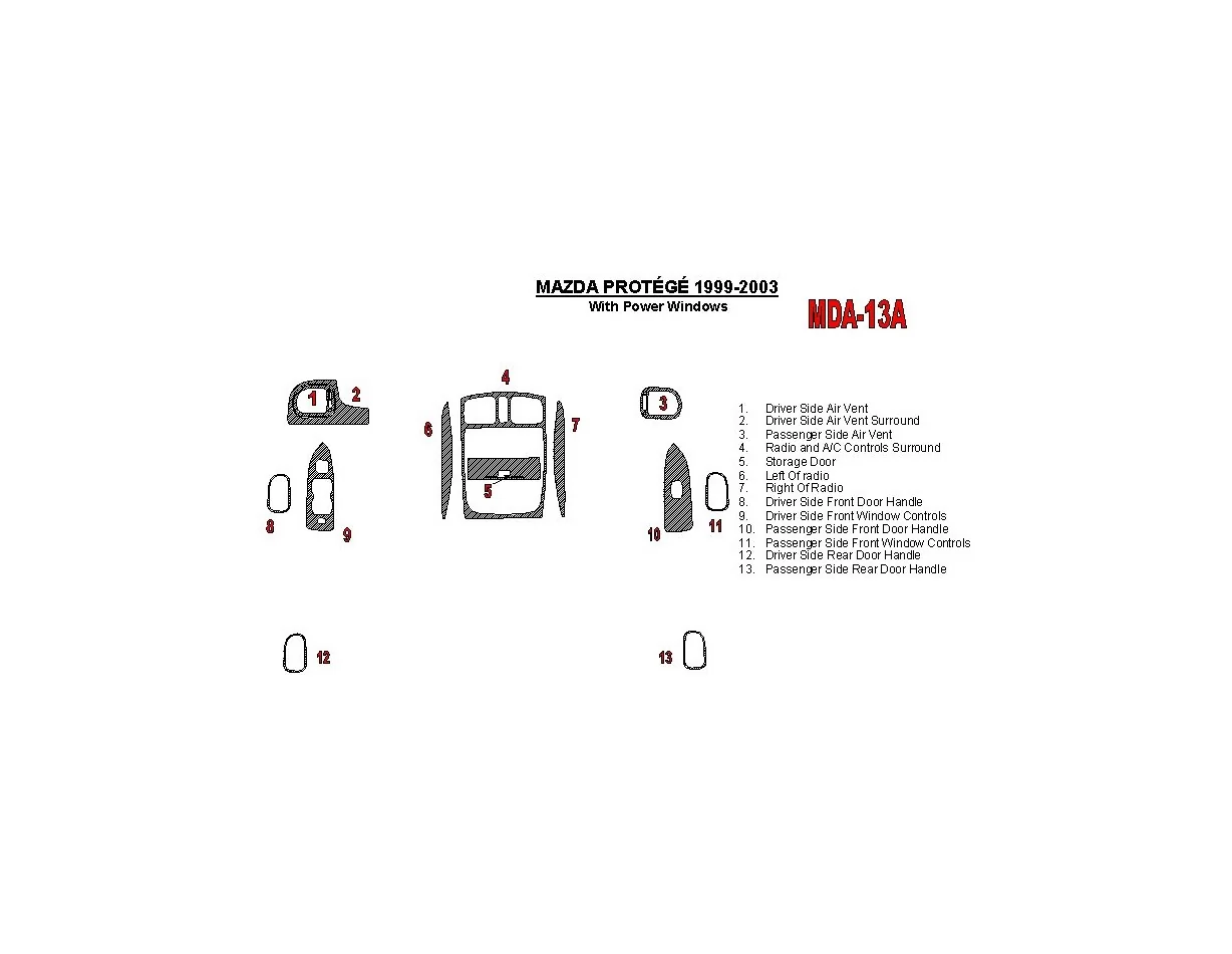 Mazda Protege 1999-UP Met Power Windows 13 Onderdelen set Interieur BD Dash Trim Kit - 1