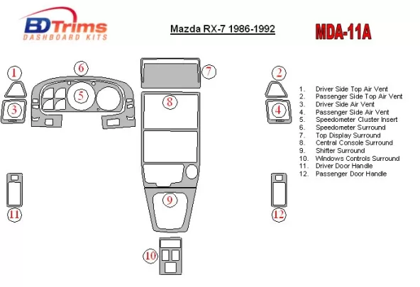 Mazda RX-7 1986-1992 Kit complet de garnitures de tableau de bord intérieur BD - 1 Mazda RX-7 1986-1992 Kit complet de garnitures de tableau de bord intérieur BD - 1