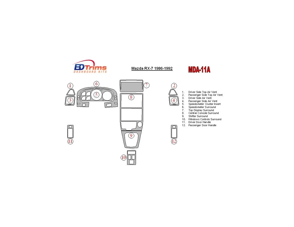 Mazda RX-7 1986-1992 Kit complet de garnitures de tableau de bord intérieur BD - 1