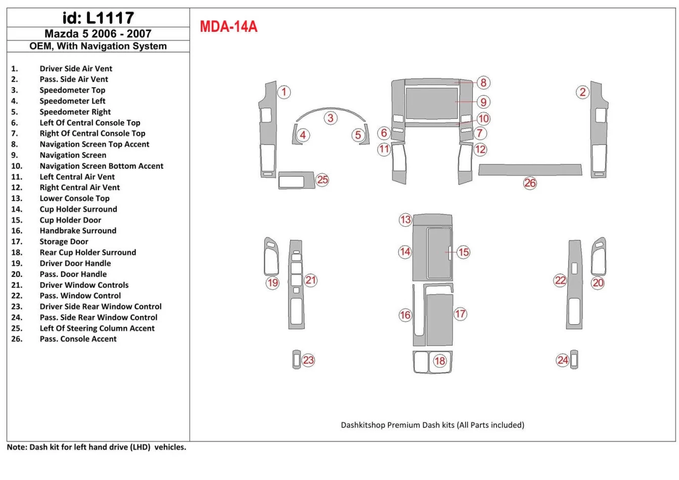 Mazda RX-7 1993-1995 Ensemble complet, ensemble de 5 pièces Intérieur BD Dash Trim Kit - 1