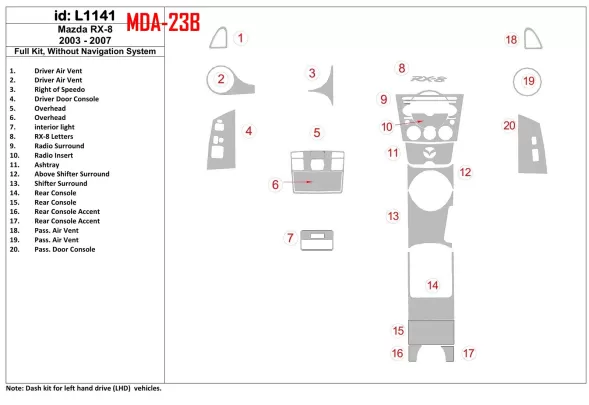 Mazda RX-8 2003-2007 Full Set, Without NAVI system Interior BD Dash Trim Kit - 1 - Interior Dash Trim Kit Mazda RX-8 2003-2007 Full Set, Without NAVI system Interior BD Dash Trim Kit - 1 - Interior Dash Trim Kit