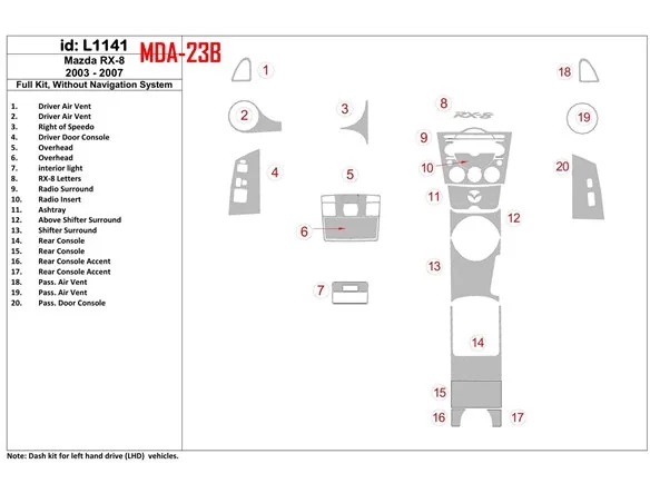 Mazda RX-8 2003-2007 Ensemble complet, sans système NAVI Intérieur BD Dash Trim Kit - 1
