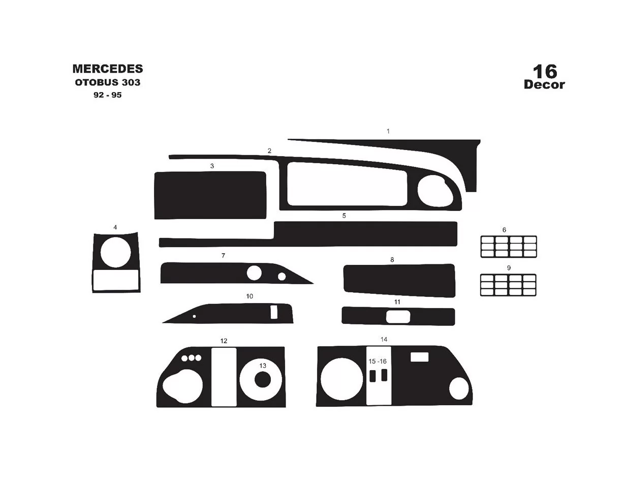 Mercedes 0 303 01.92-01.95 Kit de garnitures de tableau de bord intérieur 3D Dash Trim Dekor 14-Parts - 1