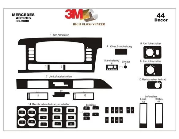 Mercedes Actros 02.00-03.03 Kit de garniture de tableau de bord intérieur 3D Dash Trim Dekor 44-Parts