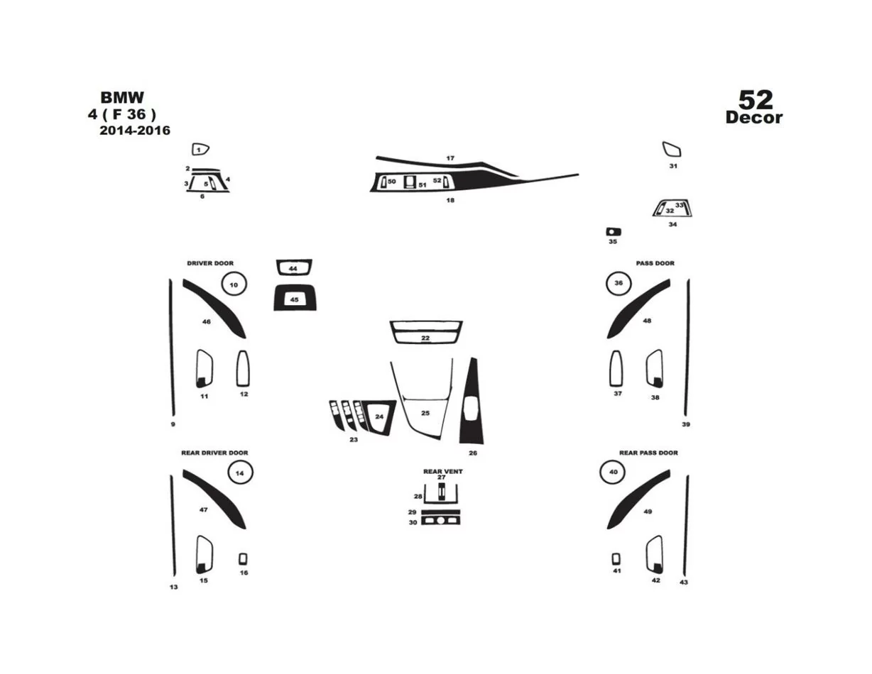 BMW Série 4 F36 2014-2016 Kit de garniture de tableau de bord intérieur 3D Dash Trim Dekor 52-Parts - 1