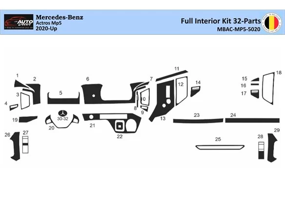 Mercedes Actros MK5 ab 2021 Kit complet de garnitures de tableau de bord intérieur 3D Dash Trim Dekor 32-Parts