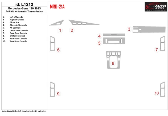 Mercedes Benz 190 1993-1993 Volledige set, handgeschakelde versnellingsbak Interieur BD Dash Trim Kit - 1