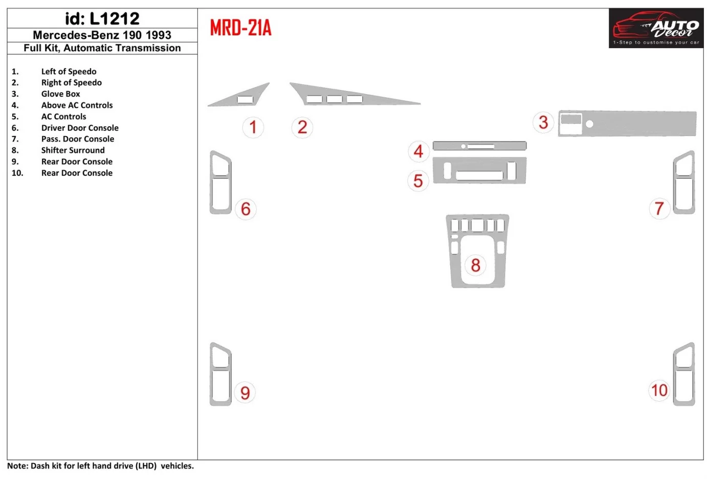 Mercedes Benz 190 1993-1993 Volledige set, handgeschakelde versnellingsbak Interieur BD Dash Trim Kit - 1