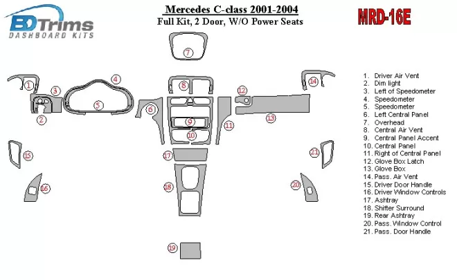 Mercedes Benz C Class 2001-2004 Full Set, 2 Doors, OEM Compliance, W/O Power Seats Interior BD Dash Trim Kit - 1 - Interior Dash Mercedes Benz C Class 2001-2004 Full Set, 2 Doors, OEM Compliance, W/O Power Seats Interior BD Dash Trim Kit - 1 - Interior Dash