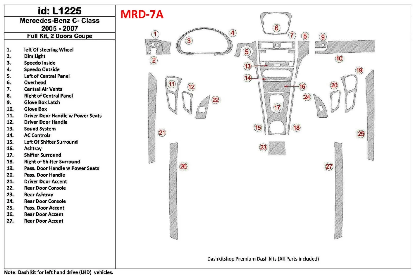 Mercedes Benz C Class 2005-2007 Full Set, 2 Doors Coupe Interior BD Dash Trim Kit - 1 - Interior Dash Trim Kit