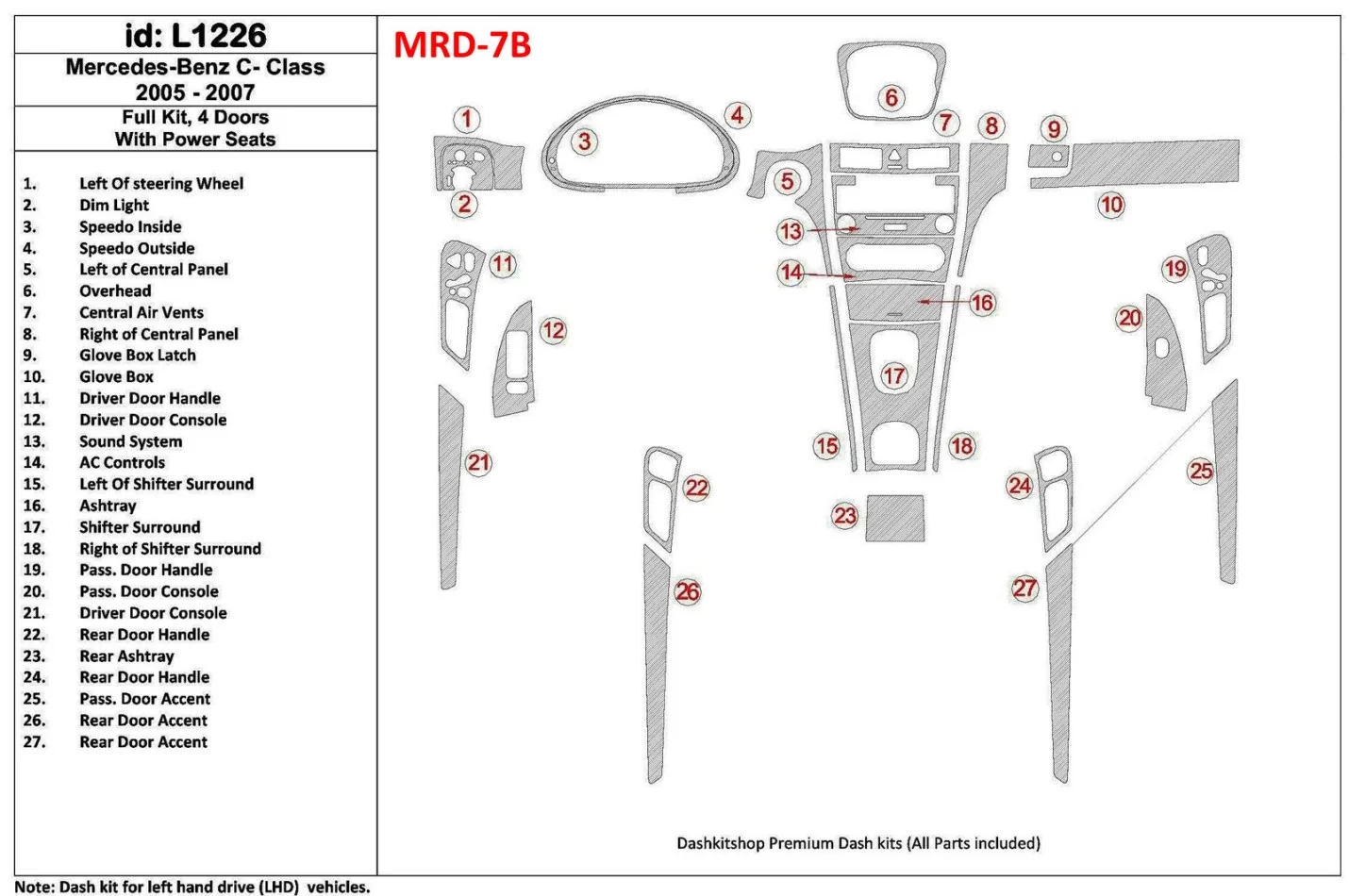 Mercedes Benz C Class 2005-2007 Full Set, 4 Doors Coupe, With Power Seats Interior BD Dash Trim Kit - 1 - Interior Dash Trim Kit