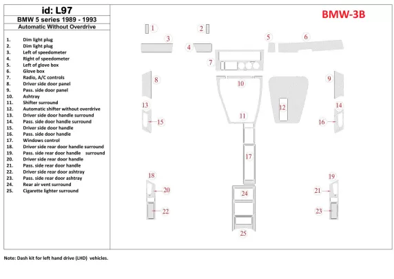 BMW 5 1989-1993 Boîte de vitesses automatique, sans overdrive, kit de 25 pièces intérieur BD Dash Trim Kit - 1 BMW 5 1989-1993 Boîte de vitesses automatique, sans overdrive, kit de 25 pièces intérieur BD Dash Trim Kit - 1