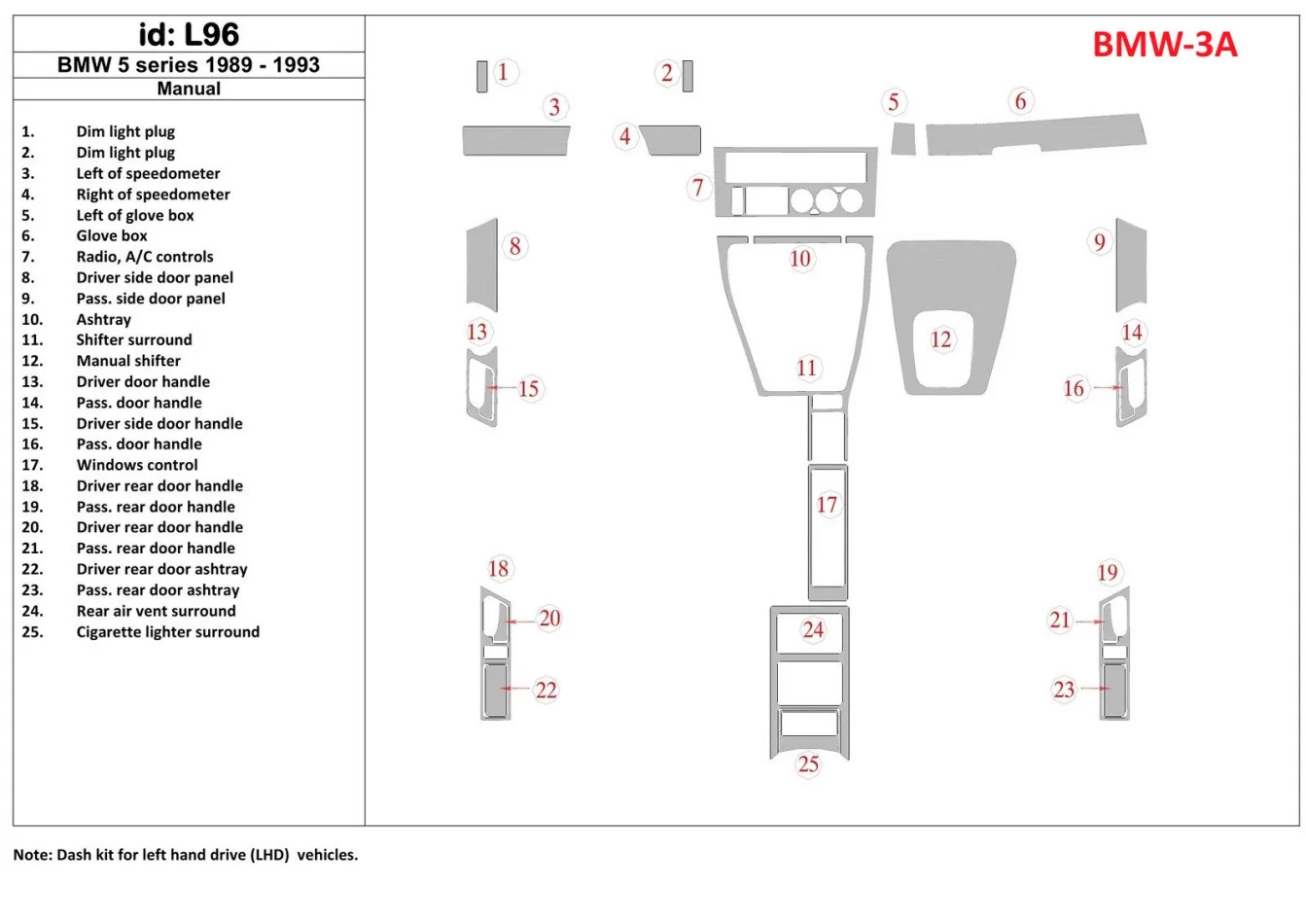 BMW 5 1989-1993 handgeschakelde versnellingsbak, 25-delige set interieur BD dashboard trimset - 1