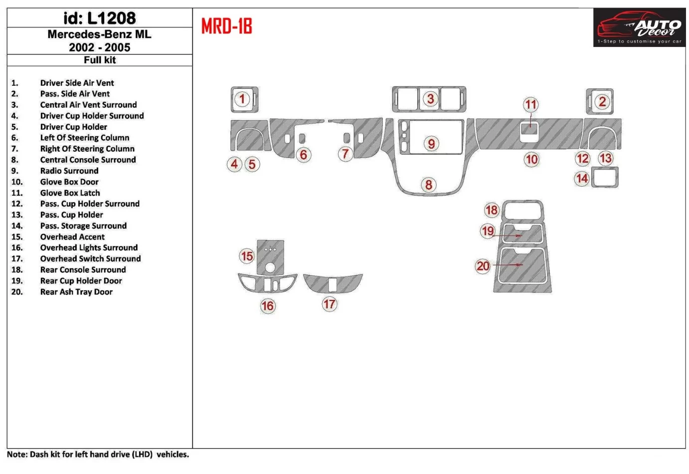 Mercedes Benz M Class 2002-2005 Full Set Interior BD Dash Trim Kit - 1 - Interior Dash Trim Kit