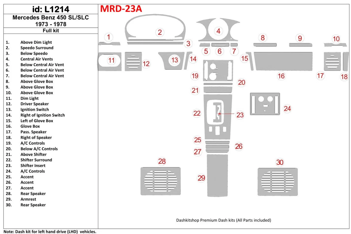 Mercedes Benz R107 450 SL/SLC 1973-1978 Full Set Interior BD Dash Trim Kit - 1 - Interior Dash Trim Kit