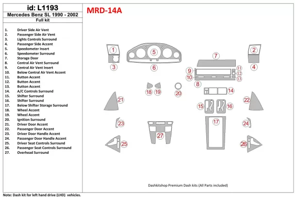Mercedes Benz R129 SL Class 1990-2002 Full Set Interior BD Dash Trim Kit - 1 - Interior Dash Trim Kit Mercedes Benz R129 SL Class 1990-2002 Full Set Interior BD Dash Trim Kit - 1 - Interior Dash Trim Kit