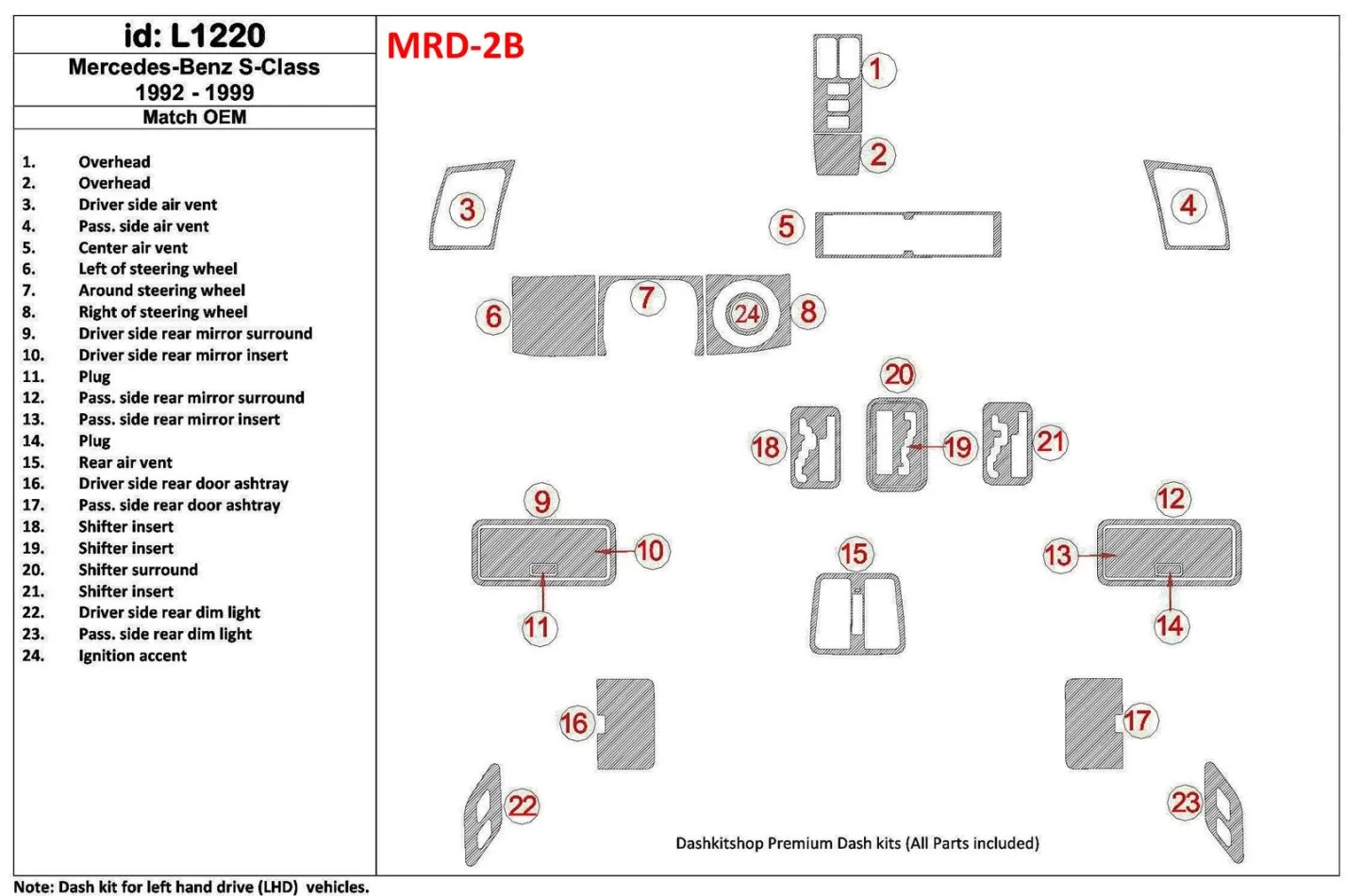 Mercedes Benz S Class 1992-1999 Full Set, OEM Compliance Interior BD Dash Trim Kit - 1 - Interior Dash Trim Kit