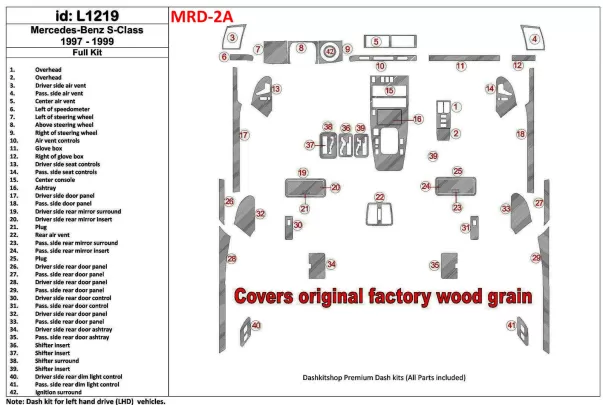 Mercedes Benz S Class 1997-1999 Full Set, Cover All OEM Wood Kit Interior BD Dash Trim Kit - 1 - Interior Dash Trim Kit Mercedes Benz S Class 1997-1999 Full Set, Cover All OEM Wood Kit Interior BD Dash Trim Kit - 1 - Interior Dash Trim Kit