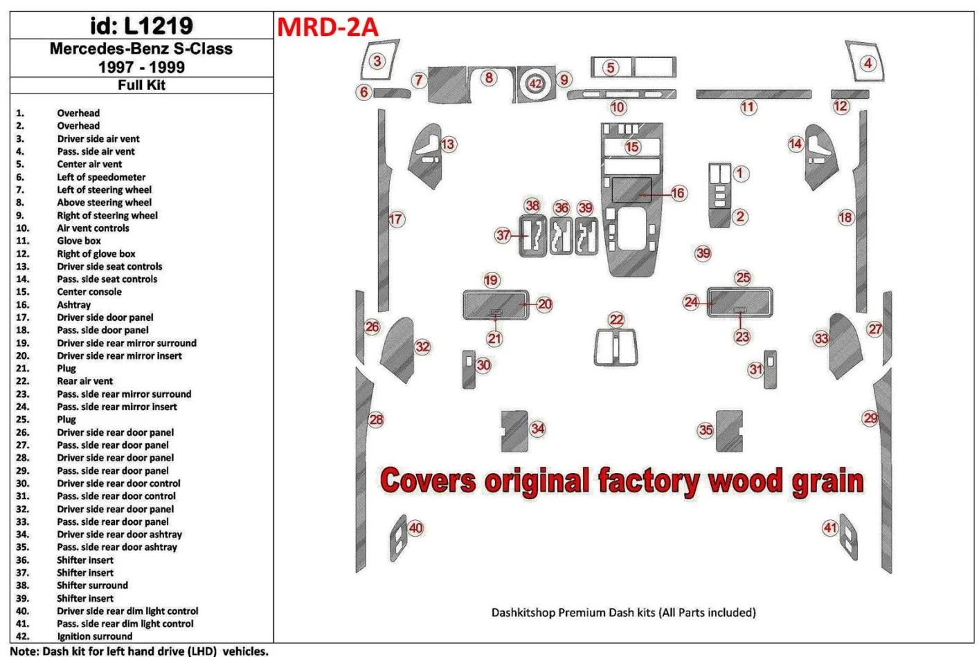 Mercedes Benz S Class 1997-1999 Full Set, Cover All OEM Wood Kit Interior BD Dash Trim Kit - 1 - Interior Dash Trim Kit