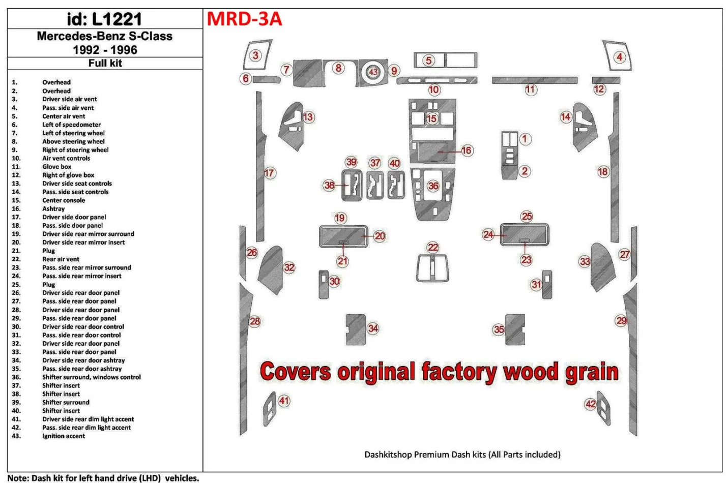 Mercedes Benz Classe S W140 1992-1996 Ensemble complet, couvre tous les kits en bois OEM Kit de garnitures de tableau de bord BD