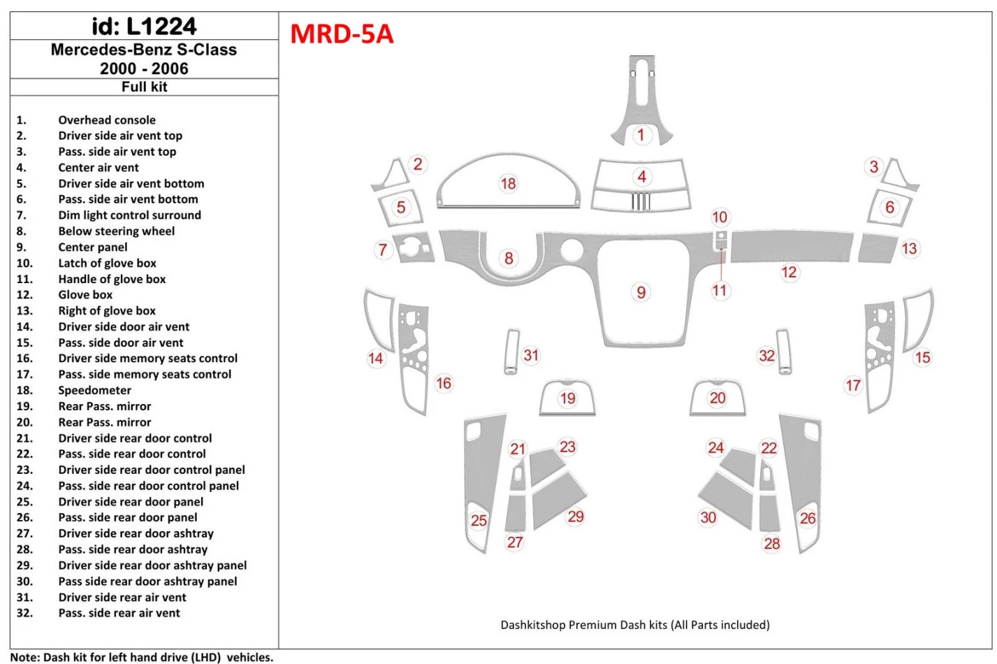 Mercedes Benz S Class W220 2000-2006 OEM Compliance Interior BD Dash Trim Kit - 1 - Interior Dash Trim Kit