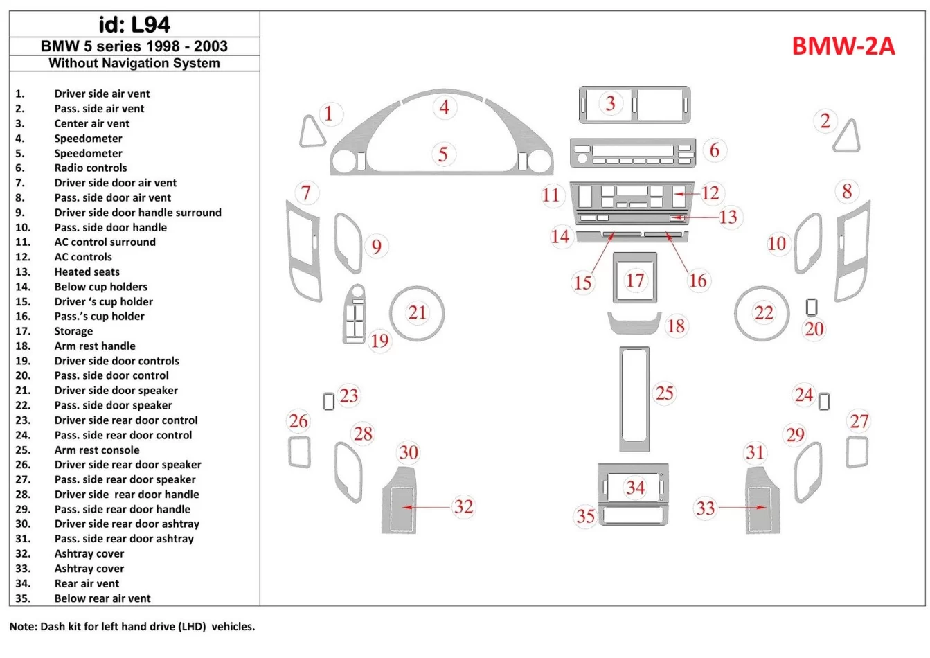 BMW 5 1998-UP Without NAVI system, 35 Parts set Interior BD Dash Trim Kit - 1 - Interior Dash Trim Kit