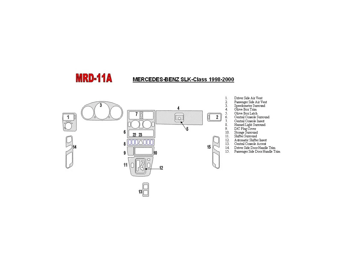 Mercedes Benz SLK 1998-2000 Ensemble complet, kit de garniture de tableau de bord intérieur BD conforme OEM - 1