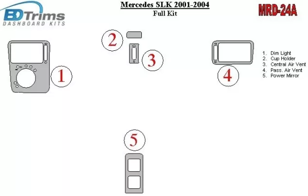 Mercedes Benz SLK 2001-2004 Ensemble complet de garnitures de tableau de bord intérieur BD - 1