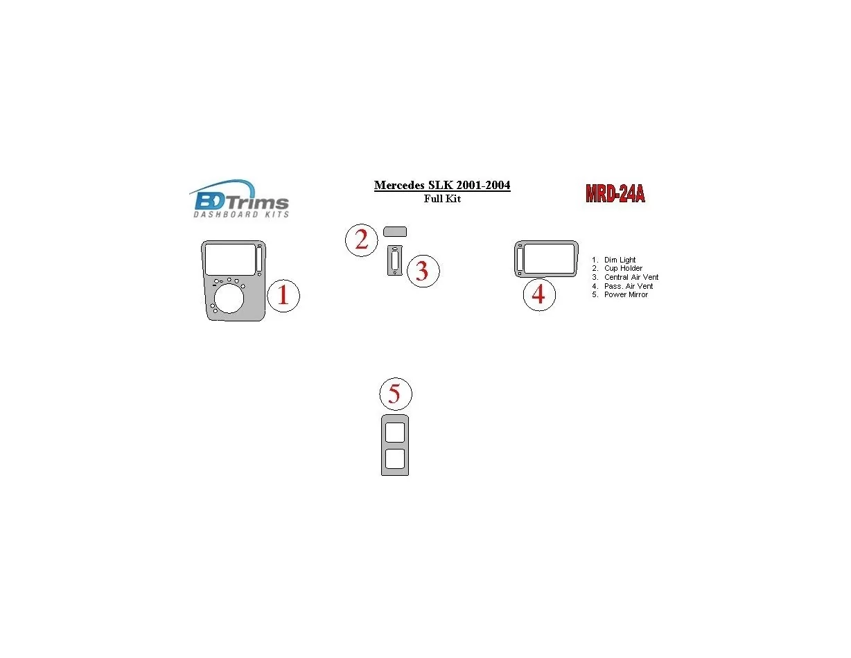 Mercedes Benz SLK 2001-2004 Ensemble complet de garnitures de tableau de bord intérieur BD - 1